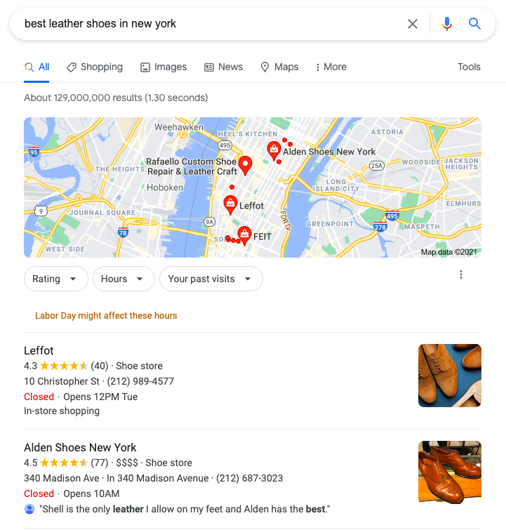 Google search of Best leather shoes in New york.